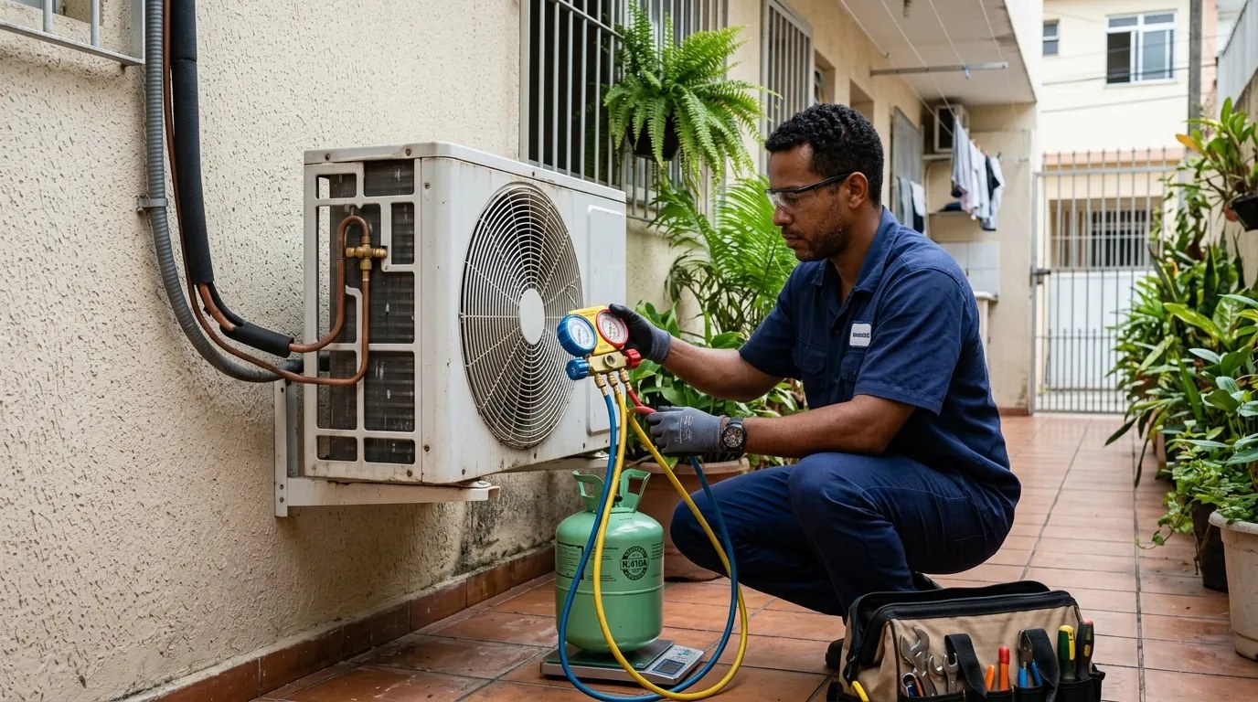 Técnico fazendo carga de gás na condensadora do ar-condicionado em Zona Leste de São Paulo‑SP