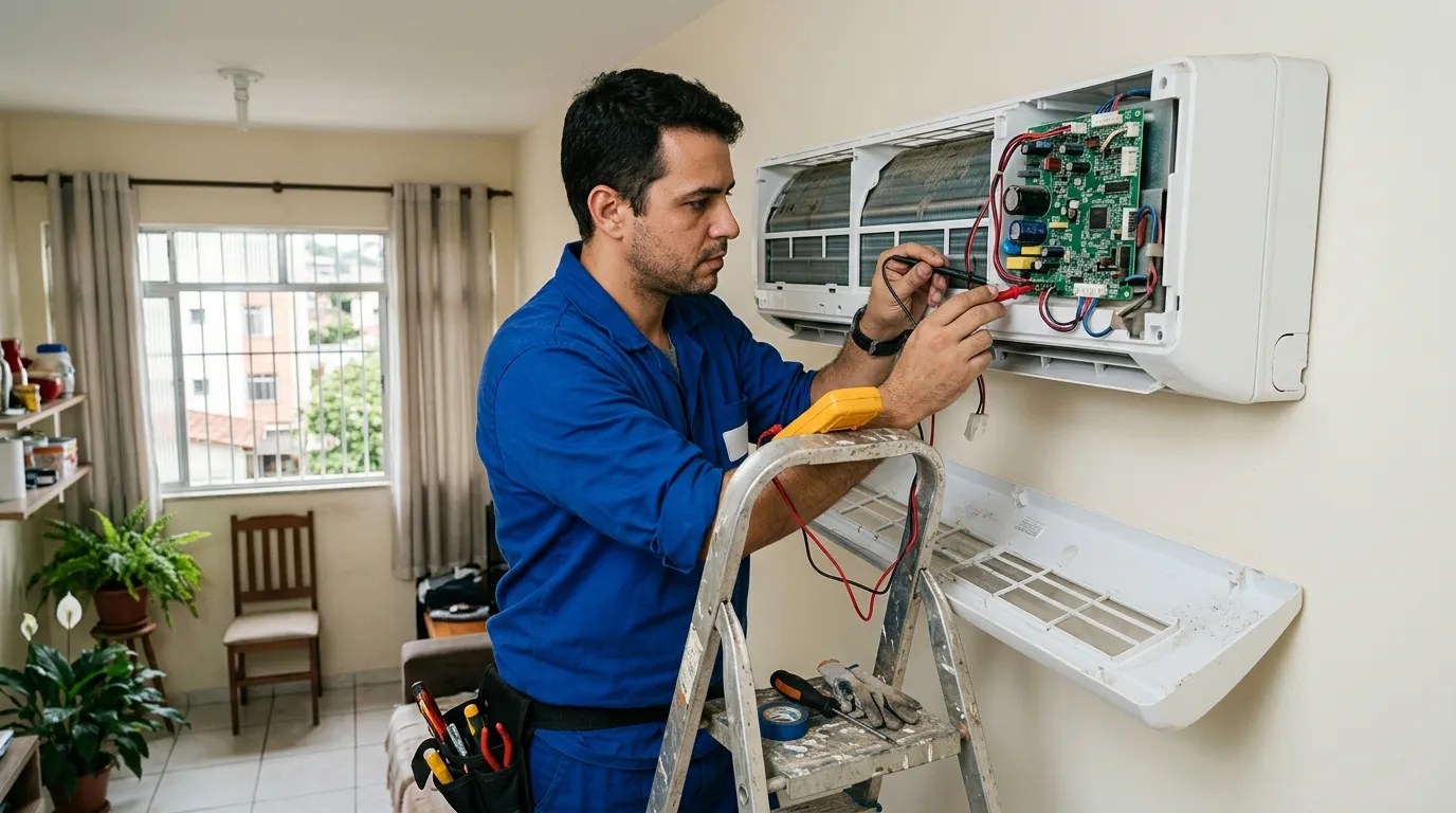 Técnico trocando a placa eletrônica de ar-condicionado split em Zona Leste de São Paulo‑SP