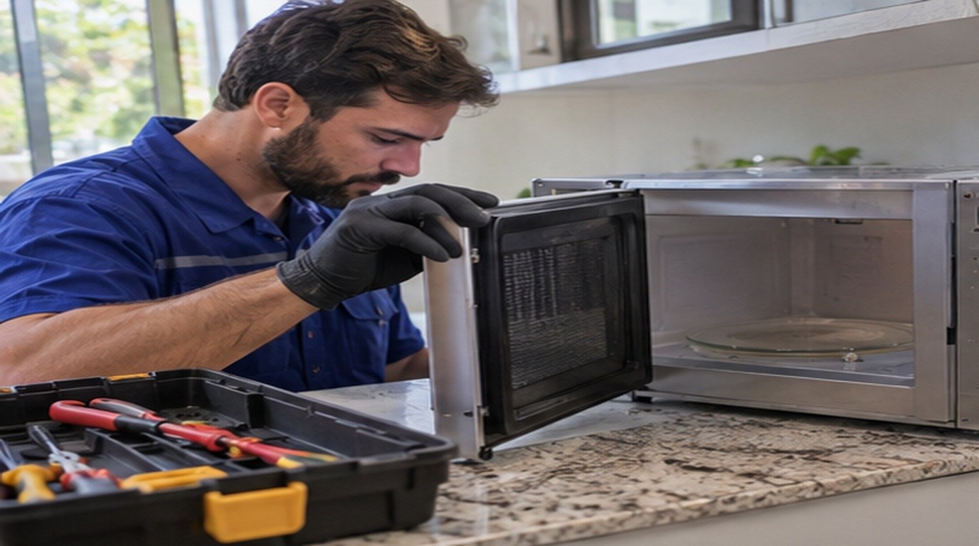 Conserto de micro-ondas em Zona Leste de São Paulo‑SP: técnico abrindo um micro-ondas de bancada
