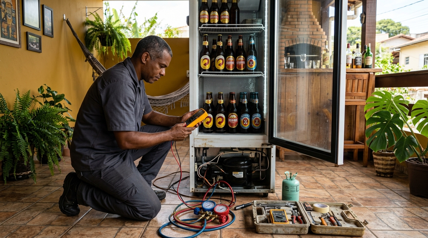 Placa eletrônica de cervejeira em reparo na bancada na Vila Diva, Zona Leste de São Paulo‑SP