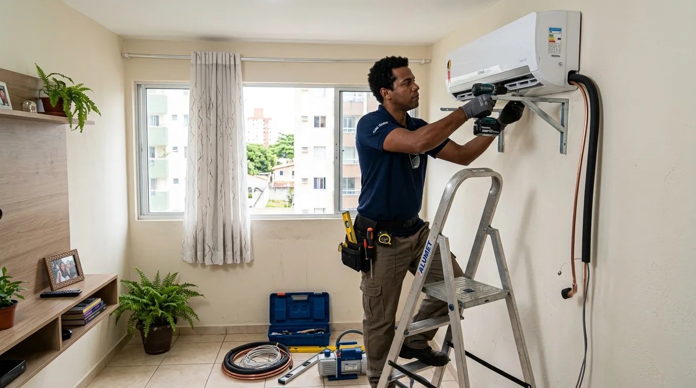 Técnico instalando ar-condicionado split em residência em Zona Leste de São Paulo‑SP