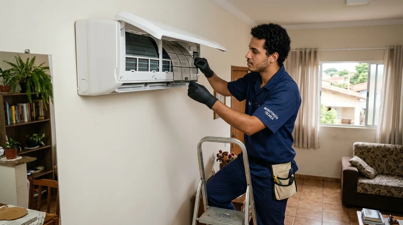 Técnico fazendo limpeza e higienização de ar-condicionado split em Zona Leste de São Paulo‑SP