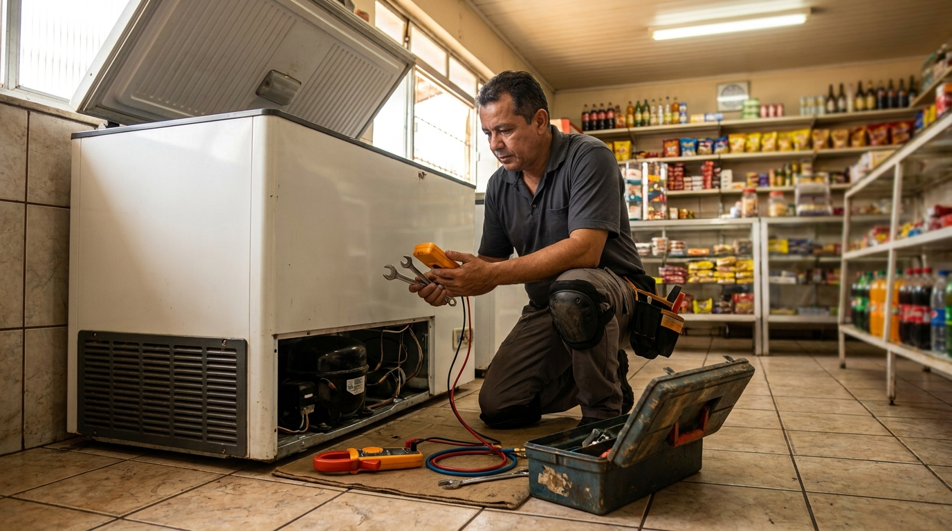 Técnico reparando o motor de um freezer horizontal na Zona Leste de São Paulo‑SP