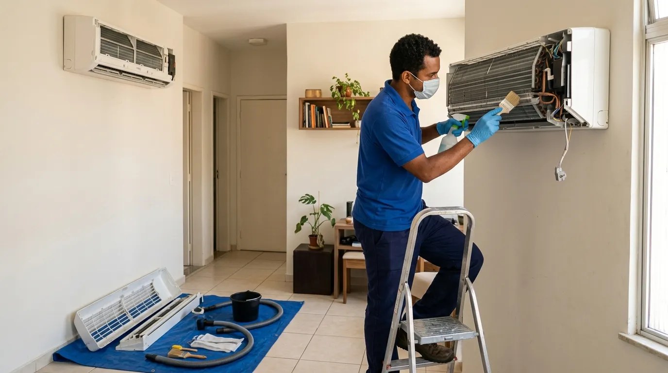 Técnico fazendo manutenção de ar-condicionado split em Zona Leste de São Paulo‑SP