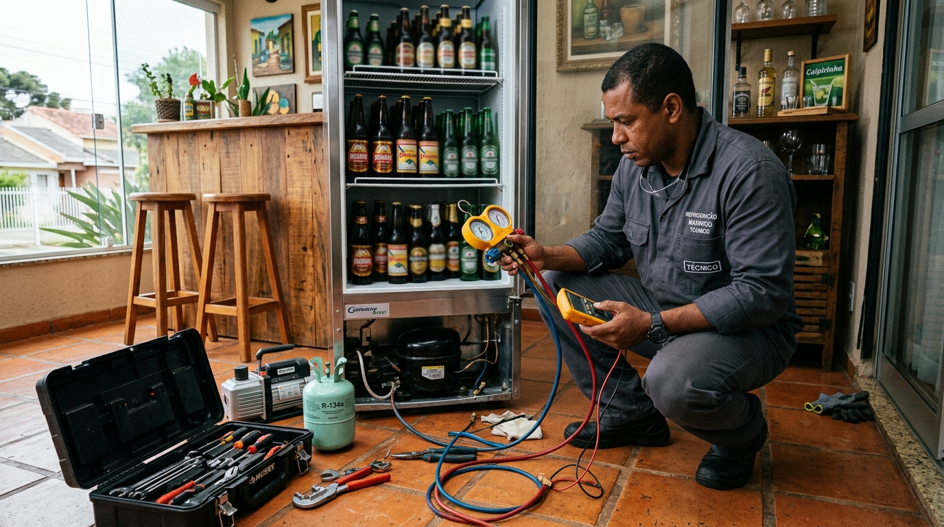 Técnico conferindo a temperatura de uma cervejeira durante atendimento na Vila Diva, Zona Leste de São Paulo‑SP